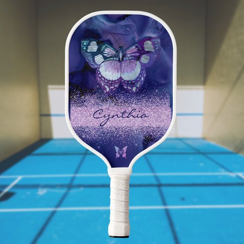 Blue Purple Butterfly and Glitter Monogram Name Pickleball Paddle