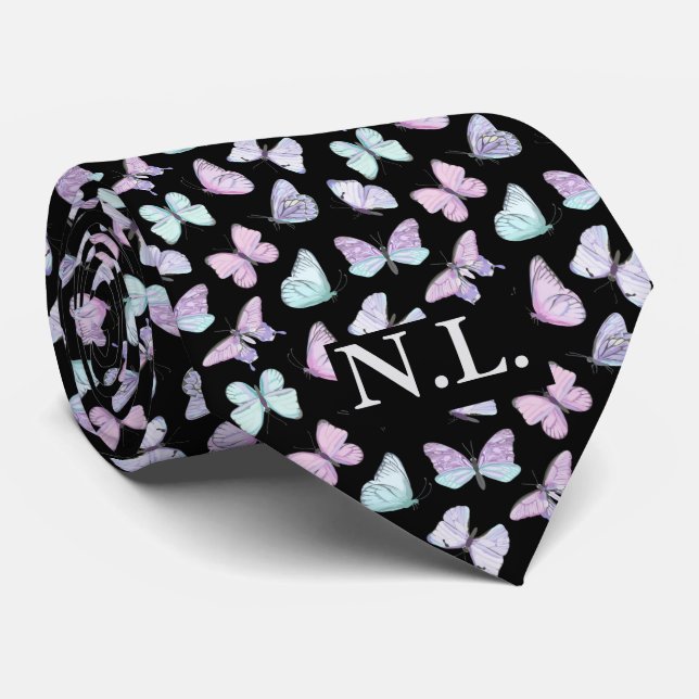 Blue Purple Butterfly Pattern Wedding Neck Tie (Rolled)