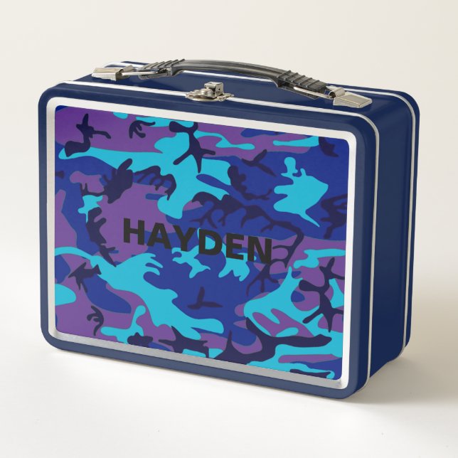 Blue & Purple Camouflage Add Name Metal Lunchbox (Front)