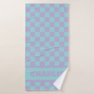 Blue & Purple Checkerboard Custom Name Bath Towel