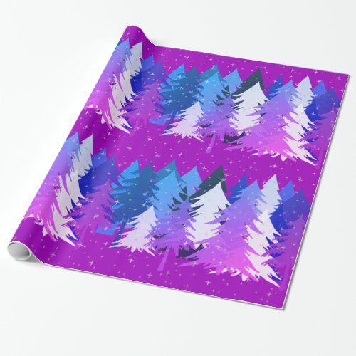 Blue Purple Christmas Trees Stars Snow Hot Pink Wrapping Paper