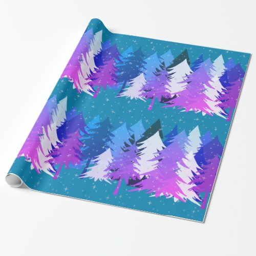 Blue Purple Christmas Trees Stars Snow Teal Blue Wrapping Paper
