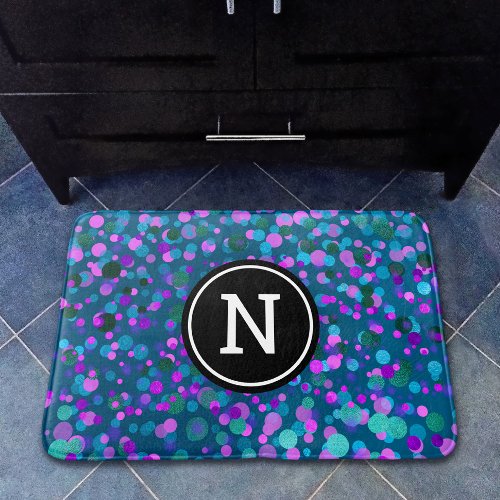 Blue purple confetti dots bold monogram on teal bath mat