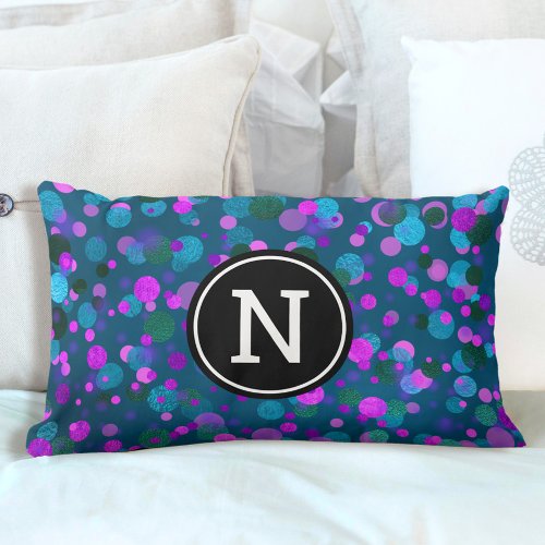 Blue purple confetti dots monogram initial teal lumbar pillow