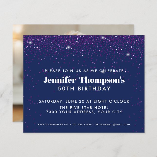 Blue purple Confetti Glitter 50th Birthday Photo (Front/Back)