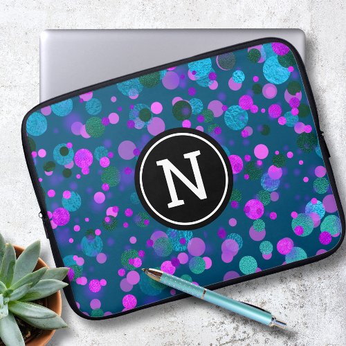 blue purple confetti glitter dots monogram on teal laptop sleeve