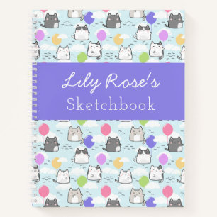 Blue Purple Cute Cats Pattern Kid's Sketchbook Notebook