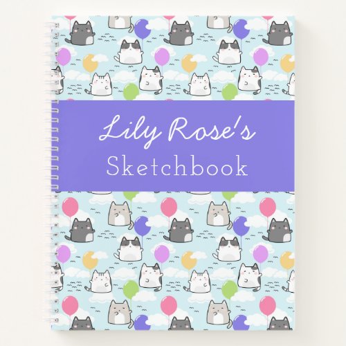 Blue Purple Cute Cats Pattern Kids Sketchbook Notebook
