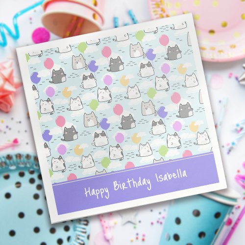 Blue Purple Cute Cats Pattern Name Birthday Napkins