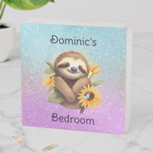 Blue & Purple Cute Sloth With Sunflowers Wooden Box Sign