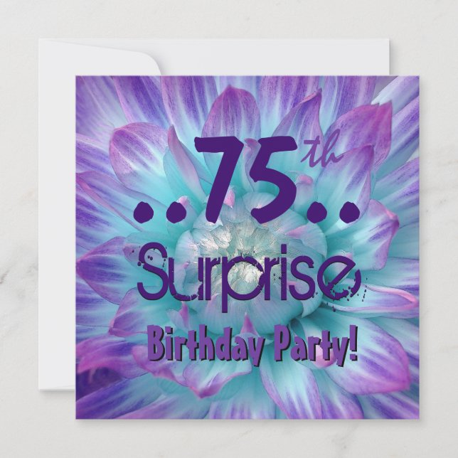 Blue Purple Dahlia 75th Surprise Birthday Party Invitation (Front)
