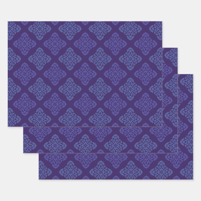 Blue & Purple Damask Wrapping Paper Sheets (Set)