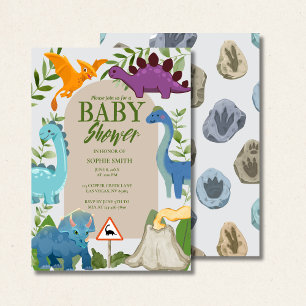 Blue, Purple Dinosaurs, Volcano T-Rex Baby Shower Invitation