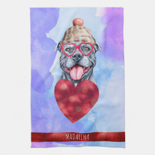 Blue Purple Dog Lover Valentine Gift Gray Pitbull Kitchen Towel