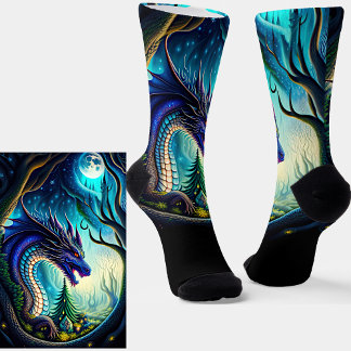 Blue Purple Fantasy Dragon on Black  Socks