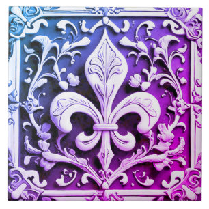 Blue Purple Fleur de Lis Ceramic Tile
