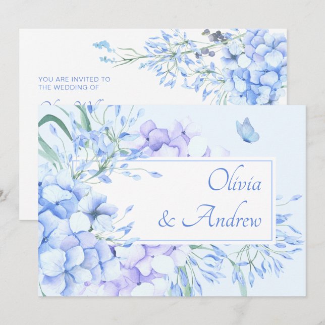 Blue purple floral bloom elegant wedding invitation (Front/Back)