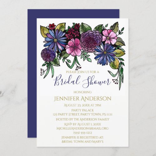 Blue Purple Floral Bouquet Bridal Shower Invitation