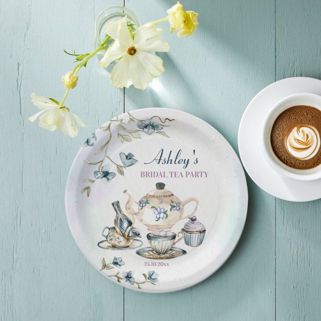 Blue purple floral bridal shower tea party  paper plates (Blue purple floral bridal shower tea party monogrammed printed paper plates personalized table decor)