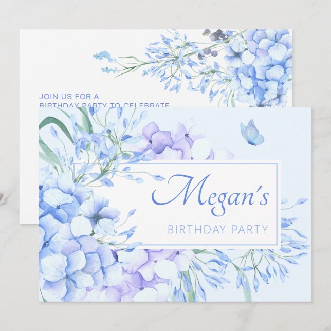 Blue purple floral elegant birthday invitation (Front/Back)