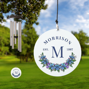 Blue & Purple Floral Family Monogram Year Est Wind Chime