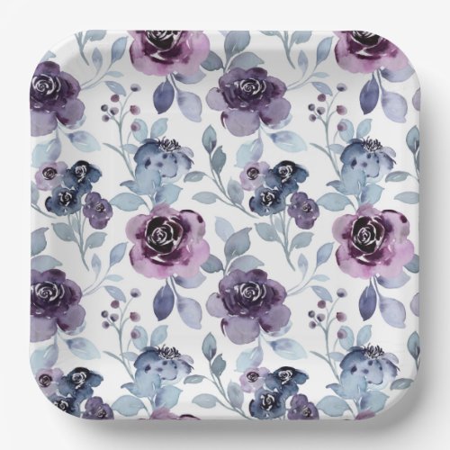 Blue Purple Floral Flowers Birthday Party Shower Paper Plates