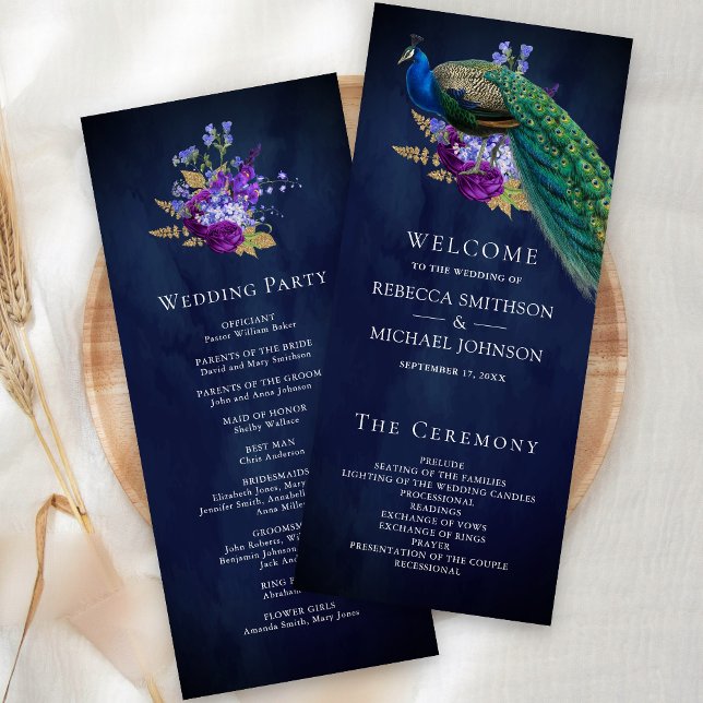 Blue Purple Floral Indian Peacock Wedding Program (Creator Uploaded)