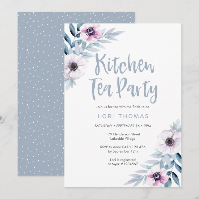 Blue purple floral Kitchen Tea Party Invitation (Front/Back)