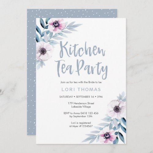 Blue purple floral Kitchen Tea Party Invitation