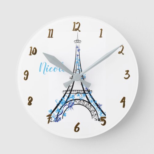 Blue Purple Floral Paris Eiffel Tower Personalized Round Clock