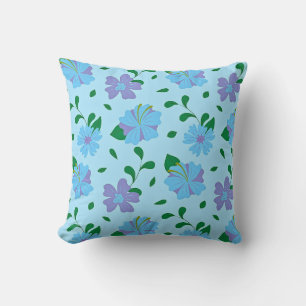 Blue & Purple Floral Pattern on Light Blue Seaml Throw Pillow
