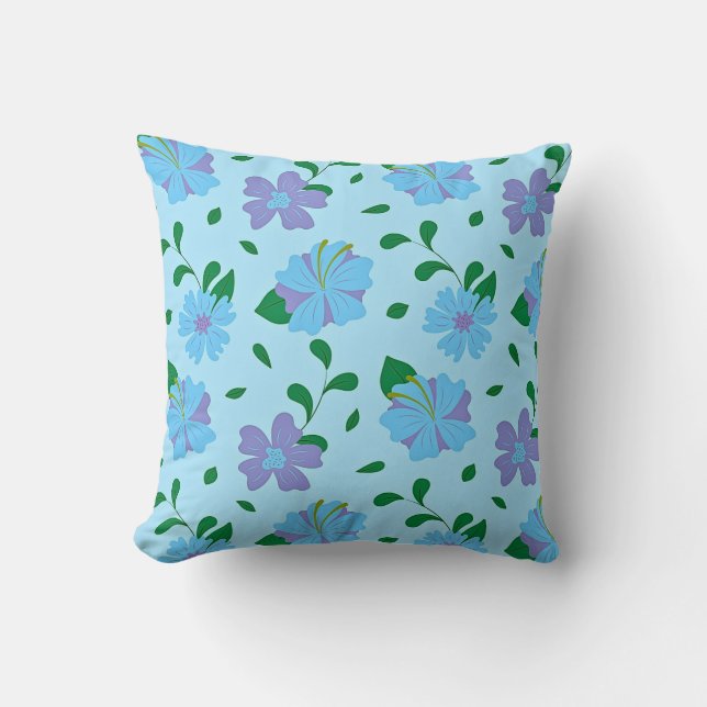 Blue & Purple Floral Pattern on Light Blue | Seaml Throw Pillow (Front)
