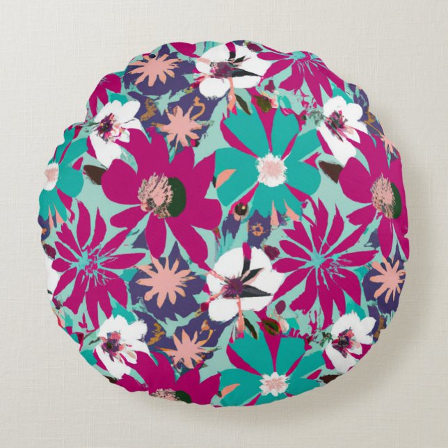 Blue & Purple Floral Pattern Round Pillow (Front)