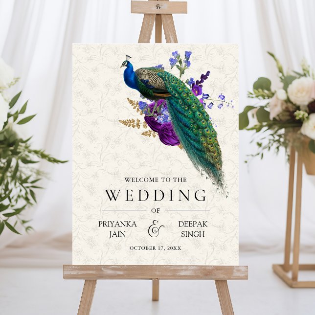 Blue Purple Floral Peacock Wedding Welcome Sign (Creator Uploaded)