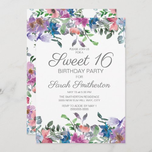 Blue Purple Floral Sweet 16 Birthday Party Invitation