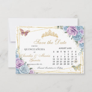 Blue Purple Floral Twins Quinceanera Calendar Save The Date