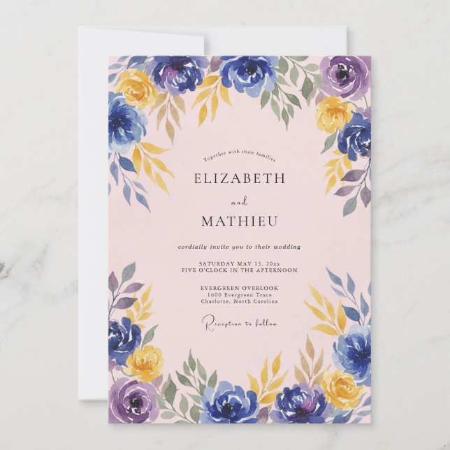 Blue Purple Floral Wedding Invitation (Front)