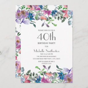 Blue Purple Floral Women's 40th Birthday Invitation
