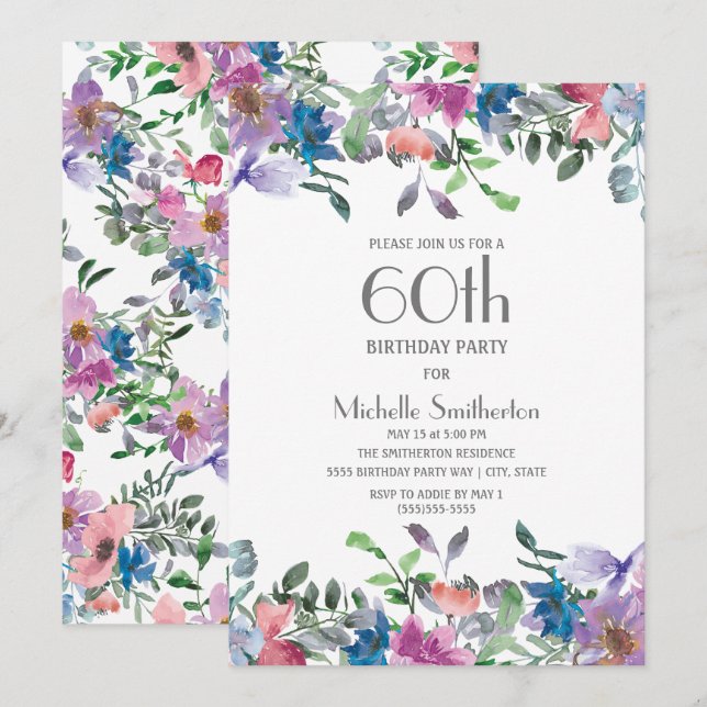 Blue Purple Floral Women's 60th Birthday Invitation (Front/Back)
