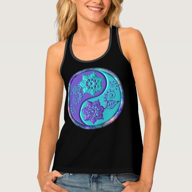 Blue & Purple Floral Yin Yang Black Background Tank Top (Front)