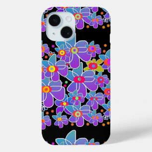 Blue Purple Flower Burst Black iPhone 15 Case
