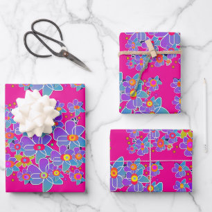 Blue Purple Flower Burst Hot Pink Gift Wrapping Paper Sheets