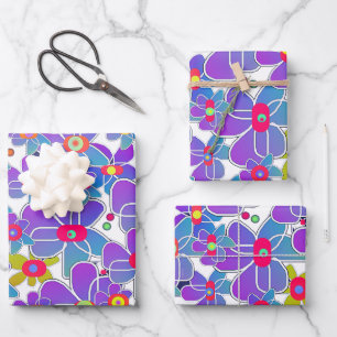 Blue Purple Flower Burst White Gift Wrapping Paper Sheets