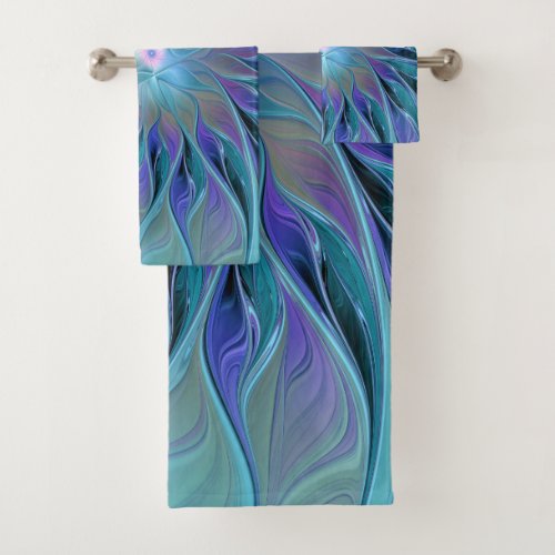 Blue Purple Flower Dream Abstract Fractal Art Bath Towel Set