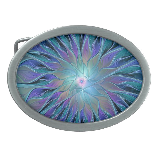 Blue Purple Flower Dream Abstract Fractal Art Belt Buckle (Front)