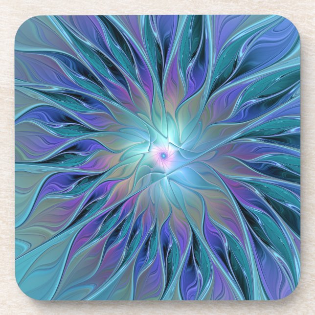 Blue Purple Flower Dream Abstract Fractal Art Beverage Coaster (Front)
