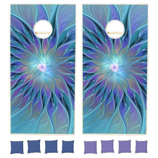 Blue Purple Flower Dream Abstract Fractal Art Cornhole Set (Set)