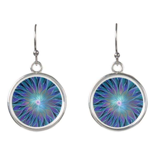Blue Purple Flower Dream Abstract Fractal Art Earrings (Front)