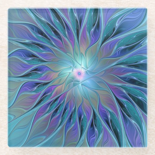 Blue Purple Flower Dream Abstract Fractal Art Glass Coaster