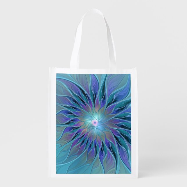 Blue Purple Flower Dream Abstract Fractal Art Grocery Bag (Front)